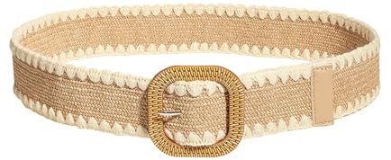 FFWTPY Gürtel Damen Elastischer Strohgürtel Geflochtener Breiter Sommer Strand Mode Boho Taillengürtel mit Schnalle Verstellbarer für Kleider Hemden Jeans (Beige)