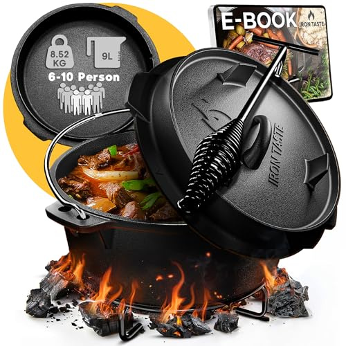 IRON TASTE Dutch Oven Set 9L - Eingebrannter Dutch Oven 9 Liter - Feuertopf Gusseiserner Topf mit praktischem Deckelheber & Edelstahl Untersetzer [für 6-10 Personen]