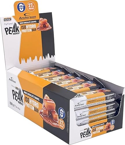 Anderson Barretta Proteica - Peak Crunchy IsoHydro Protein Bar - Cioccolato Fondente e Caramello- 50% Proteine idrolizzate, 24 x 55g - 0 Zuccheri, senza glutine