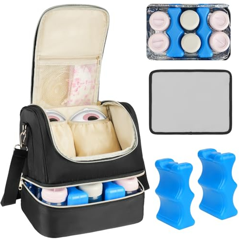 Jaffzora Wearable Breast Pump Bag with Cooler Compartment Fits for Willow/Eufy/Elvie/Momcozy M5/S12 Pro/Medela, Breast Milk Travel Tote Bag with Ice Pack & Waterproof Mat,Black