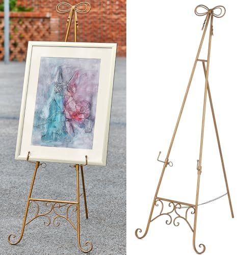 Metal Free Standing Adjustable Display Stand Easel with Chain Support, Gold Easel Stand for Sign with Bow Top, Heavy Duty Easel for Mirror, Sign, Wedding, Picture Frame.(No Installation Required)