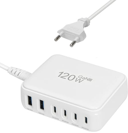 USB-snabbladdare, bärbar 120W 6-ports laddningsstation för olika enheter, kompatibel med iPhone iPad, Samsung, Google, Xiaomi, Huawei och andra USB-laddare