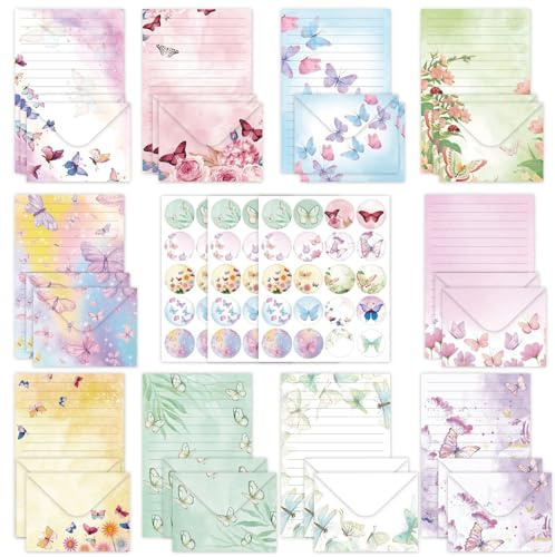 Wood Homing 160pcs Letter Writing Set - Butterfly Stationary Writing Paper with Matching Envelopes for Kids Girl Watercolor Lined Letter with Pretty Sticker for Wedding Valentine’ Day Invitation Card
