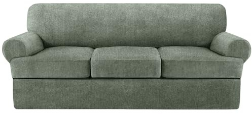 Jcones 4 Piece T Cushion Sofa Slipcovers Stretch Couch Cover Furniture Covers with 3 Individual T Cushion Covers, Machine Washable for Living Room (Green, 3 Cushions)