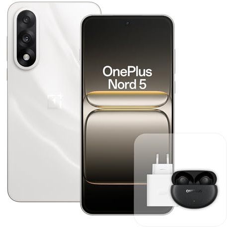 OnePlus Nord 5 Smartphone con 8 GB RAM 256 GB, Pantalla AMOLED de 6,83 y 144 Hz, Snapdragon 8s de 3 generación, cámara Dual de 50 MP, batería de 5200 mAh, Cargador de 80 W y Nord Buds 4 Pro, Blanco