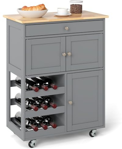 FANTASK Kitchen Trolley on Wheels, Wooden Kitchen Cabinet with Drawers & 3-Tier Wine Rack & Worktop, Serving Trolley, Side Trolley (Grey)