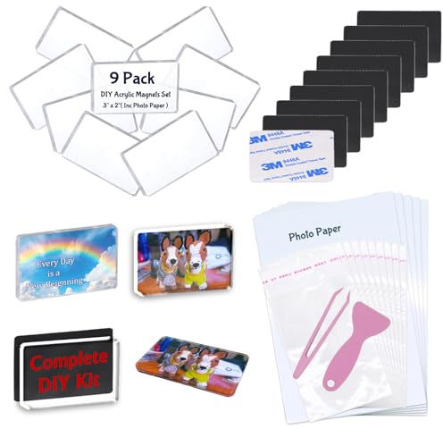 InfiniteSub - 9 Pack Blank Acrylic Fridge Magnets Set, 3 x 2, Inc Photo Paper, Personal DIY Decorative Refrigerator Magnets Kits with Adhesive Backing, for Home Locker (Classic Style, 3x2 9p)