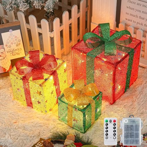 Lypumso Juego de 3 Cajas de Regalo Navidad Iluminadas, 50Leds Cajas Decorativas Navidad Luces 8 Modos con Control Remoto, Estrellas Cajas Regalo LED para Decoracion Navideña, árbol de Navidad, Fiesta