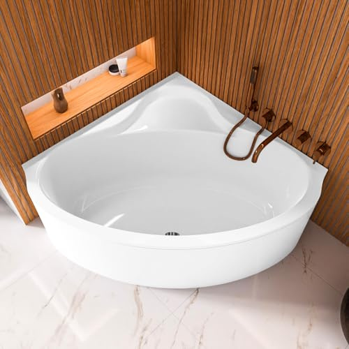 ECOLAM Baignoire d'angle Bala 140x140cm + tablier | bonde de vidage pieds + silicone | baignoire moderne avec siège | ensemble complet