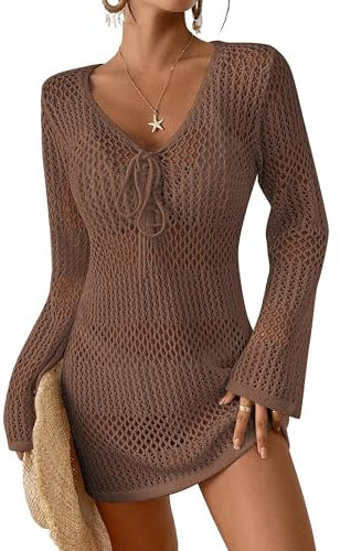 Bsubseach Women Swimsuit Crochet Coverup Long Sleeve V Neck Beach Knit Bathing Suits Cover Ups Mesh Bikini Hollow Out Dress Brown S