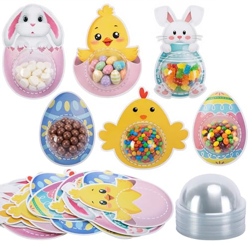42 Pack Easter Candy Cards with Plastic Domes, DIY Bunnies Eggs Chick Card Candy Holder, Fillable Easter Greeting Cards Holder Exchange Gifts for School Class Spring Party Favors (Candy Not Included)