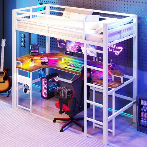 Lubvtti Estructura de cama alta de hierro 90 x 200 con luz LED, escritorio, puerto USB+Type-C, enchufes, panel perforado, cama alta para niños, estructura de cama para niños, blanco