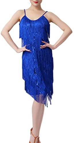 EODJXIO Abito da Cocktail Elegante con Frange e Paillettes per Donne Vestito da Ballo con Spalline Sottili per Spettacoli e Competizioni (Blue, XXXL)