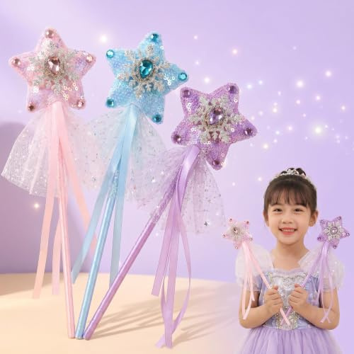 Copbopwn 3 Pack Fairy Wands for Girls Women, Glitter Star Magic Wand with Diamond, Angel Princess Fairy Wand Sticks Costume Party Favors for Prop Cosplay Birthday Halloween Christmas