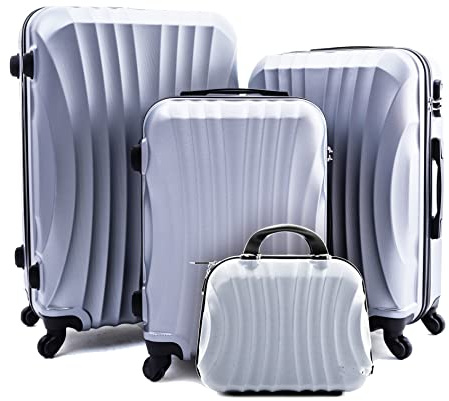 R.Leone Valigia da 1 Fino a Set 4 Trolley Rigido grande, medio, bagaglio a mano e beauty case 4 ruote in ABS 2037 (Argento, Set 4 XS S M L)