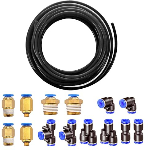 HUAZIZ 10 meter PU pneumatisk slang pneumatisk polyuretanslang flexibel tryckluftsslang utomhus 8 mm x insida 5 mm svart, med 8 stycken pneumatiska kontakter Air Push-snabbkopplingar (Y /T/L/I formade)