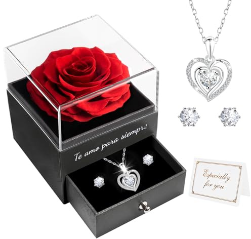 Te Amo para Siempre Rose Éternelle Cadeau de Saint-Valentin, Rose Conservée avec Collier Boucles d'oreilles Rose Cadeau pour Toujours, Anniversaire Mariage Fête des Mères Cadeaux pour Elle Mère