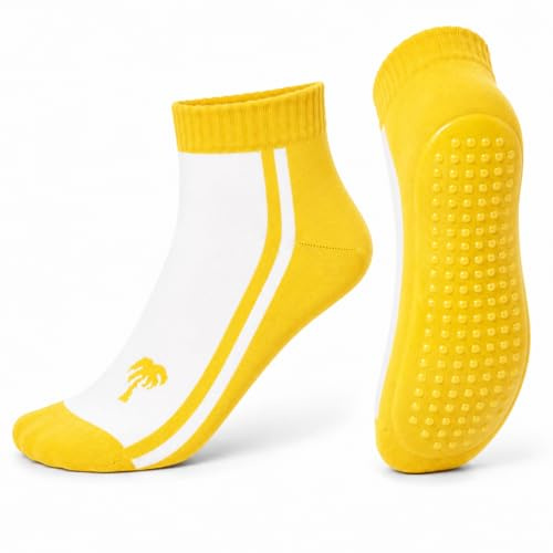 Weri Spezials Strandsocken Badesocken für Kinder und die ganze Familie mit der durchgehender ABS Beschichtung, Aqua-Beach-Socken in mehreren Designs (19-22, Gelb+Weiß Palmen)