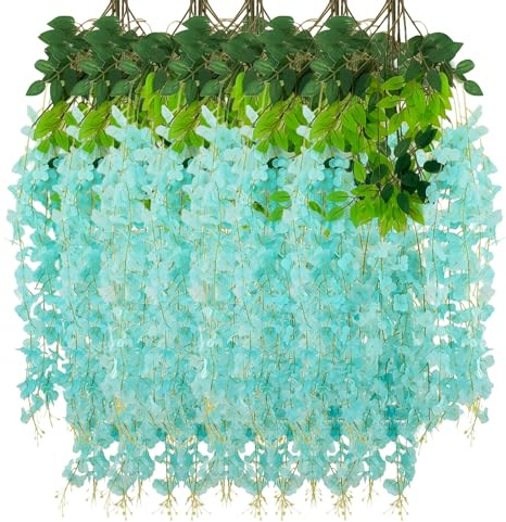 24-pack hängande blomkrans med blågrön, blåregn, 9 cm (3,77 fot) teal konstgjord blåregn, blommor vinstockar, falsk blågrön blåregn, blågröna blommor vinrankor för bakgrund, hängande blomgirlang,