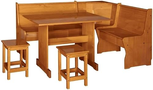 MOBLIT Rinconera con Mesa y 2 taburetes, realizada en Madera Pino barnizada en Color Miel. Serie Canet. Medidas: 132X172X86 cm (Bancos Intercambiables) y Asientos abatibles