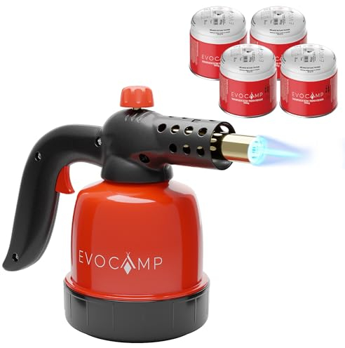 EVOCAMP Gasbrenner Klein 1,3 kW, Flambierer Küchenbrenner, Lötlampe mit Piezozündung, Bunsenbrenner für die Küche, Grillanzünder, Max. Temperatur 1300°C, mit 4 Stück 190g Gaskartuschen