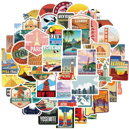 Vintage Sticker Set 50 Stück Reisen Aufkleber, Retro Vinyl Aufkleber, Wasserfeste Aufkleber Sticker für Laptop Koffer Helm Motorrad Skateboard Auto Fahrrad Computer Aesthetic Städte Sticker