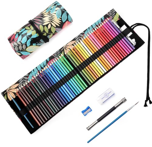 TOYESS 48 Professional Coloured Pencils Set with Portable Roll-Up Canvas Case – Wood-Free Soft Core Pencils for Drawing, Sketching and Adult Colouring, Rainforest