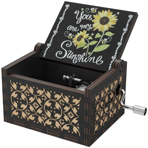 HLZK You are My Sunshine Sunflowers Music Boxes,Wooden Hand Crank Engarved Antique Musical Box Gift for Children/Friends/Lovers/Mother,Valentine/Birthday/Christmas Day Presents (Black-A)