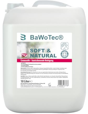 BaWoTec Cremeseife Soft & Natural 10 Liter, hautschonende milde Handseife, Nachfüllseife für alle gängigen Druckspender, ph-Hautfreundlich