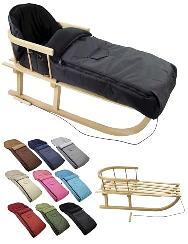 BambiniWelt Träsläde med ryggstöd och dragrep vinteråkpåse 108 cm – varm termofleece, vattenavvisande – kombinationsset för barnvagnar och buggy, färg: svart