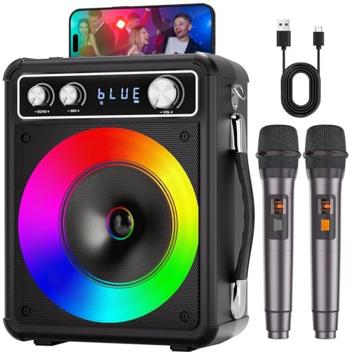 Ankuka Karaoke Machine, Portable Bluetooth Speaker with 2 Wireless Microphones, Effects Signal Processors for Adults Kids with LED Lights, Supports TWS/REC/FM/AUX/USB/TF for Home Party Picnic