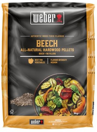 Weber Pellets de madera de haya/madera de haya natural para barbacoas de pellets con sabor terroso, a nuez, ligeramente dulce, sin rellenos, ideal para cocción baja y lenta, bolsa de 8 kg