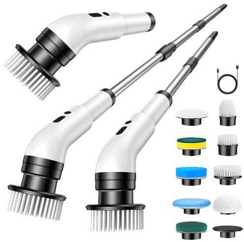 Journeyside Cepillo De Limpieza Electrico,Limpiador Giratorio Eléctrico con 9 Cabezales De Cepillo De Repuesto, IPX7 Fregadora Giratoria Hogar,Electrico Baño Brush con 3 Velocidades para Baños,Cocinas