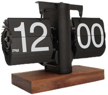 YUEHISY Retro Digital Flip Down Clock, Automatic Mechanical Turning Flip Clock, Mid Century Modern Decor Auto Battery Powered Gear Operated for Room, Home, Office (Black)