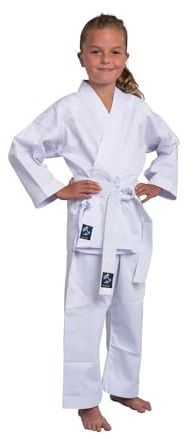 TEKKA BUDO Kinder Karateanzug Kidoka weiß - Leichtes Kids Modell 7.5 oz Mischgewebe - Karate Gi Set - Jacke Hose Gürtel - Einsteiger Anzug