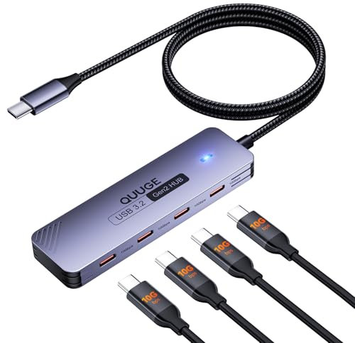 QUUGE 10Gbps Hub USB C 3.2 Gen2 vers 4 USB-C Data Ports, Adaptateur Multiport USB C Nylon Câble 100CM, Aluminium Hub USB 3.2 Compatible avec MacBook Air/Pro, iPhone 16 Série, iMac, Surface, Dell, HP