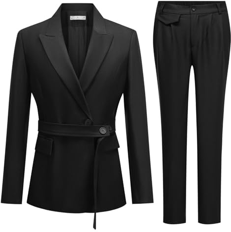 YYNUDA 2-delat set för kvinnor, kostym (med bälte) smal passform med en knapp affärskläder med fickor elegant vardaglig elegans för fyra årstider, svart, M