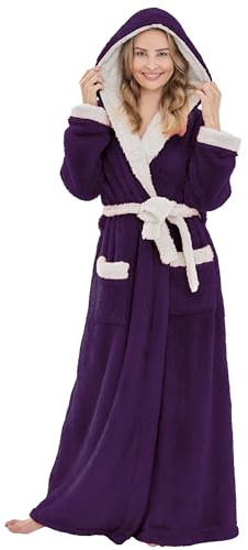 PJGGZ Long Robes For Women Floor Length, Fluffy Fleece Warm Cozy Hooded Bathrobe Plush Luxury Plus Size Winter Housecoat (Dark Purple/Light grey,S/M)