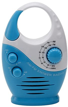 Radio de ducha, 3 V, 0,5 W, volumen ajustable, bocina de botón AM FM, altavoz portátil impermeable, altavoces de ducha de baño, radio inalámbrica con mango superior (color: blanco y azul)