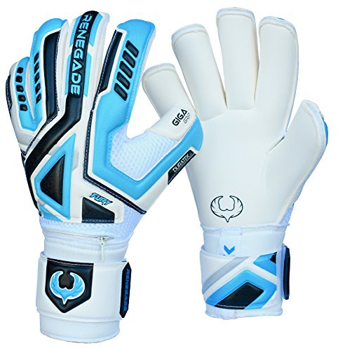 Renegade GK Fury Sub-Z Goalie Gloves with Pro-Tek Fingersaves | 4mm Giga Grip & 4mm Duratek | White, Blue, Silver, Black Goalkeeping Gloves (Size 9, Youth-Adult, Roll Cut, Level 4)