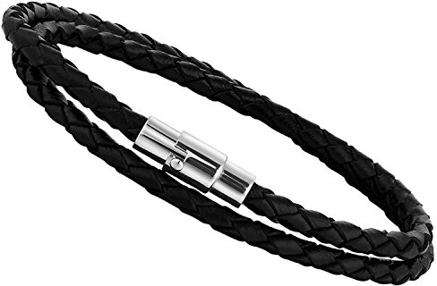 Flongo Läderarmband, rostfritt stål äkta läder armband armband armband manschett svart brun silver flätad surfare omlottarmband magnet lås herrarmband damarmband, 19,5–8,5 tum e Svart, cod. F069020