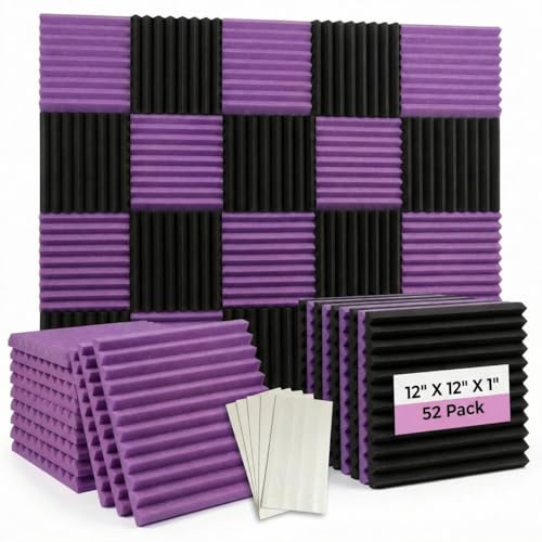52 Pack 12 X 12 X1 Black/Purple Acoustic Panels Studio Soundproofing Foam Wedge Tiles(Accompanied By Double-Sided Adhesive Tape)