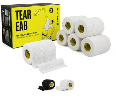 6 Rolls - SPORTTAPE EAB Tape | 7.5cm x 4.5m - White - Tearable Elastic Adhesive Bandage | Rugby Lifting, Tear Light Strapping Tape for Medical, Lifting Blocks, Knee Strapping, Elbow & Wrist