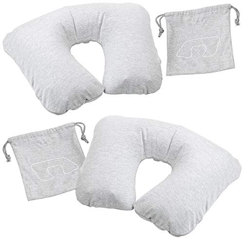PEARL Flugkissen: 2er-Set aufblasbare Nackenhörnchen, Abnehmbarer Polycotton-Bezug, grau (Aufblasbares Reisekissen Flugzeug, Aufblasbares Kissen Flugzeug, Handgepäck)