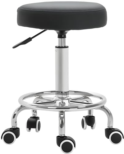 Vinsetto Round Rolling Stool, PU Leather Height Adjustable Stool Chair with Wheels and Swivel Seat for Salon, Massage, Spa, Home Kitchen, Black
