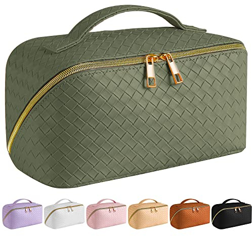 SFXULIX Large Capacity Travel Cosmetic Bag - Makeup Bag, PU Leather Waterproof Cosmetic Bag, Women Portable Travel Makeup Bag with Handle and Divider Flat Lay Makeup Organizer Bag, Green
