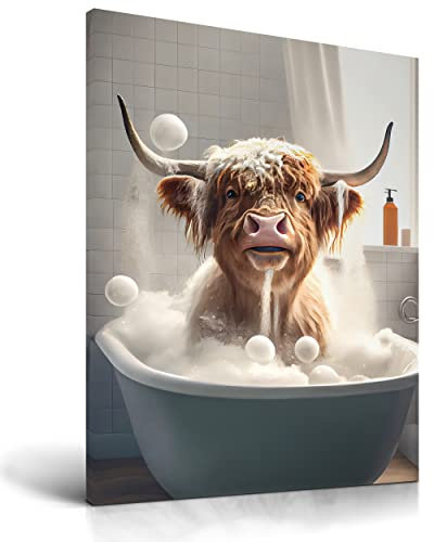UPWOIGH Funny Bathroom Wall Art Decor,Highland Cow Wall Art, Waterproof Wood Framed Canvas Wall Art Bathing Animals Humor Abstract Prints, 12x16in High-end Pictures for Bedroom Kids Room 1 Pack