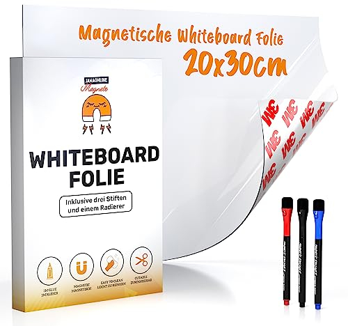 Whiteboard Folie 20x30cm - 3M Magnetfolie selbstklebend - Magnetische Tafelfolie abwischbar - Praktische Ferrofolie Weiß - Whiteboardfolie inkl. 3 Marker mit Schwamm