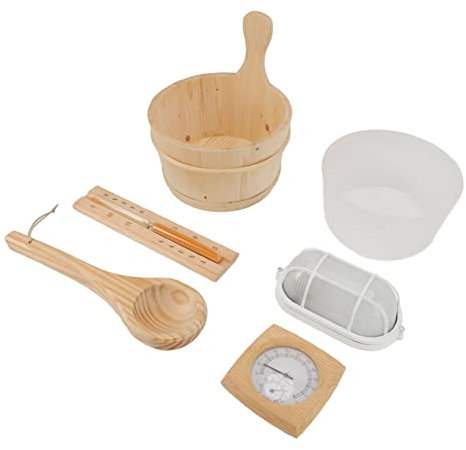 Sauna Room Wooden Bucket Spoon Kit Heat-Resistant Sauna Accessories with Explosion-Proof Lamp and Hourglass 4L Sauna Barrel