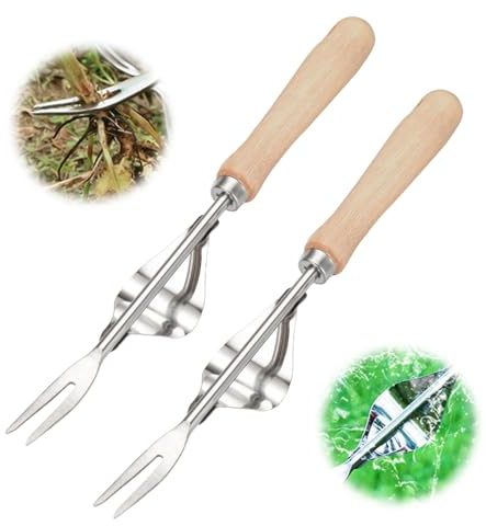 Kidmis Unkrautstecher Edelstahl, 2024 Neue Unkrautstecher Garden, Unkrautstecher Gardena Gartenarbeit Hand Unkrautstecher, Gartenarbeit Gabel mit Naturholzgriff für Graben Jäten Lösen (2pcs)